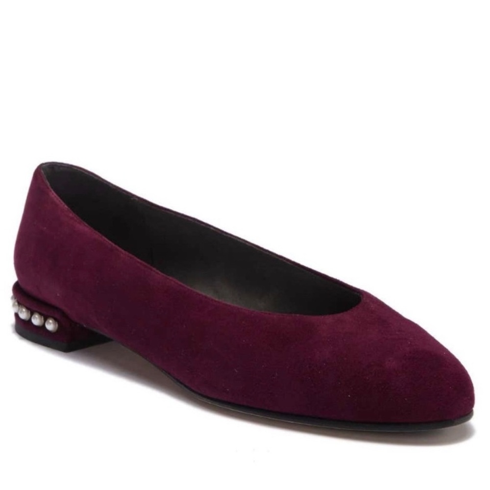 STUART WEITZMAN BURGUNDY SUEDE FLATS WITH FAUX PEARL EMBELLISHED BLOCK HEEL
